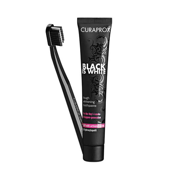 Curaprox Black is White Pack με Οδοντόβουρτσα Black is White, 1 τεμάχιο & ΜΑΖΙ Black is White Tough Whitening Toothpaste Λευκαντική Οδοντόκρεμα, 90ml
