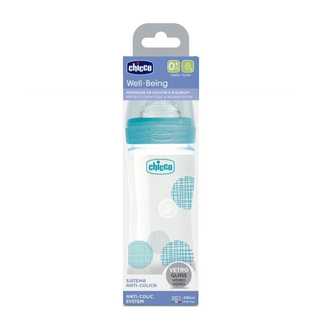 Chicco Well Being Glass Baby Bottle Blue 28721-20 0m+ 240ml (Μπιμπερό Γυάλινο με Θηλή Σιλικόνης Κανονικής Ροής Σιέλ 0m+)