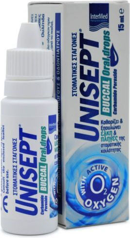 INTERMED Unisept Buccal Care Drops Στοματικές Σταγόνες Για Τον Καθαρισμό, Την Επούλωση & Ανακούφιση Ελκών & Πληγών, 15ml