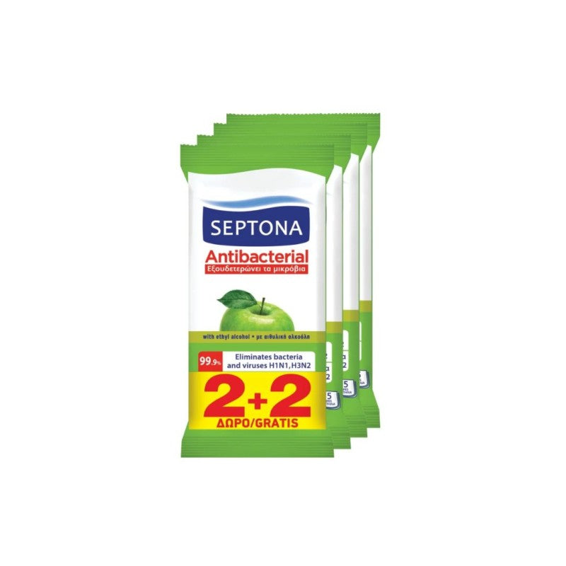 Septona Antibacterial Μαντηλάκια χεριων Πράσινο Μήλο 4x15 2+2 Δώρο
