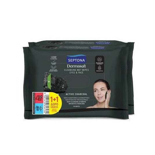SEPTONA Dermasoft Υγρά Μαντηλάκια Καθαρισμού Προσώπου και Ματιών με Ενεργό Άνθρακα 20 τεμ. (1+1 ΔΩΡΟ)