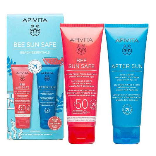 Apivita Promo Bee Sun Safe Beach Essentials Hydra Fresh Face & Body Milk Ενυδατικό Αναζωογονητικό Γαλάκτωμα για Πρόσωπο & Σώμα SPF50, 100ml & After Sun Cool & Sooth Face & Body Gel Cream Δροσιστική & Καταπραϋντική Κρέμα-Gel για Πρόσωπο & Σώμα, 100ml, 1σετ