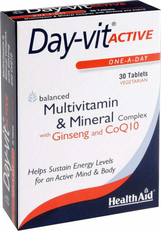 Health Aid Day-vit Active, Multivitamin & Mineral & Co Q10-Ginseng, Πολυβιταμίνες, Σωματική & Πνευματική Τόνωση 30tabs
